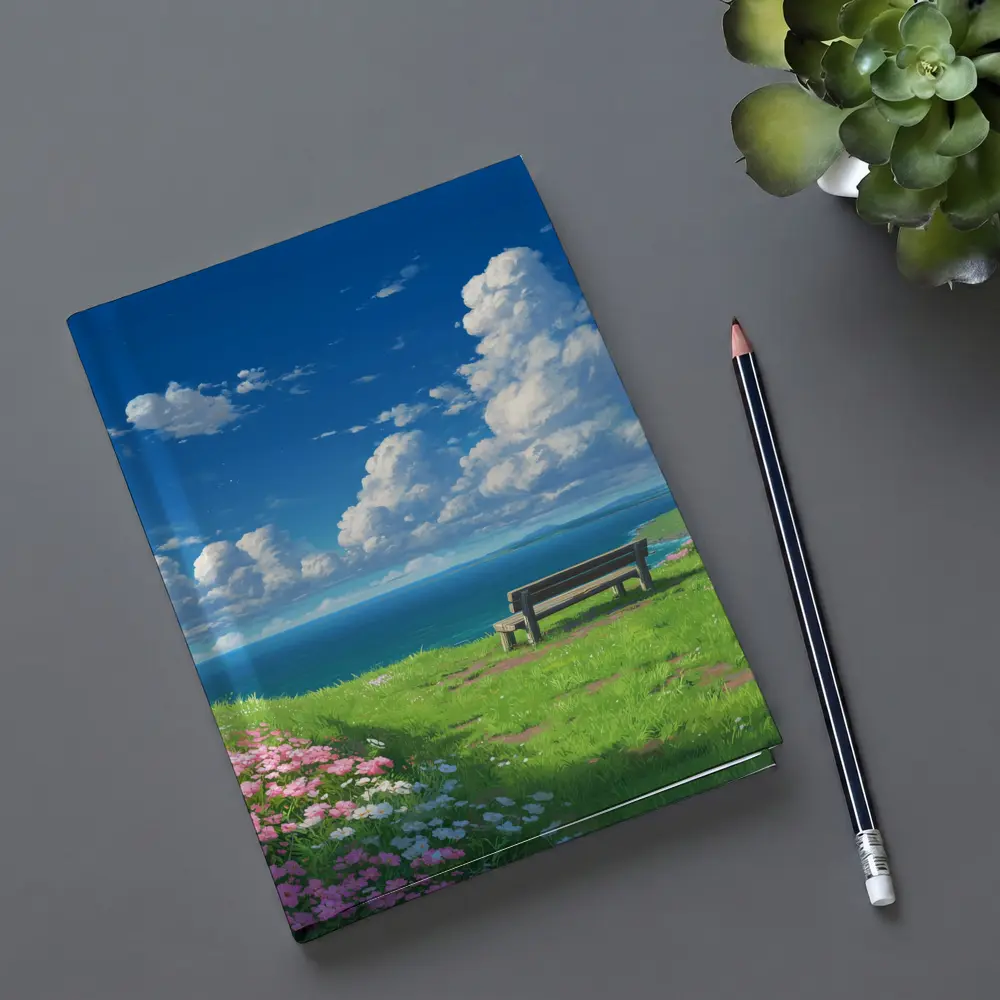 Anime Coastal Bench Scene Blue Sky – Notebooks