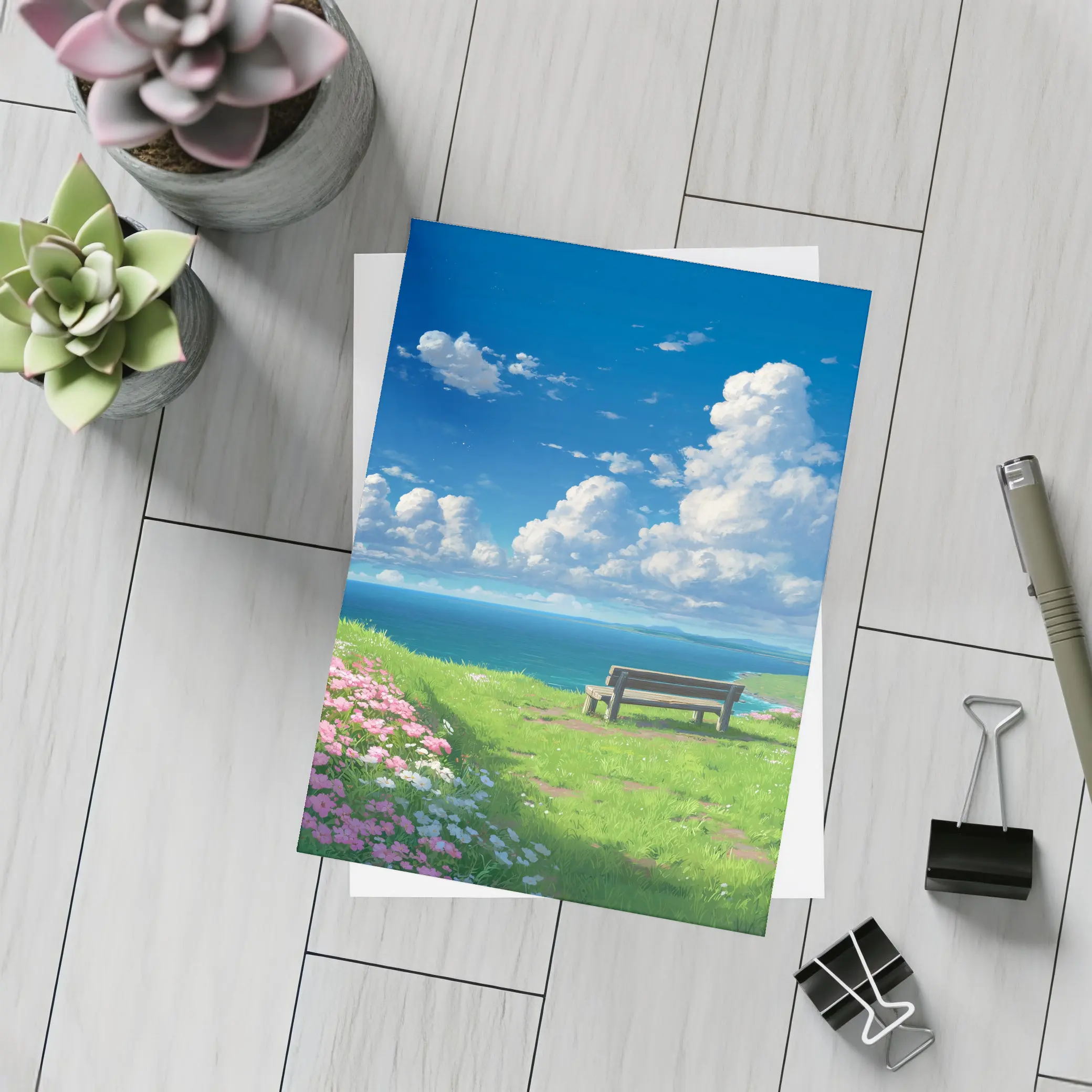 Anime Coastal Bench Scene Blue Sky – Postcards
