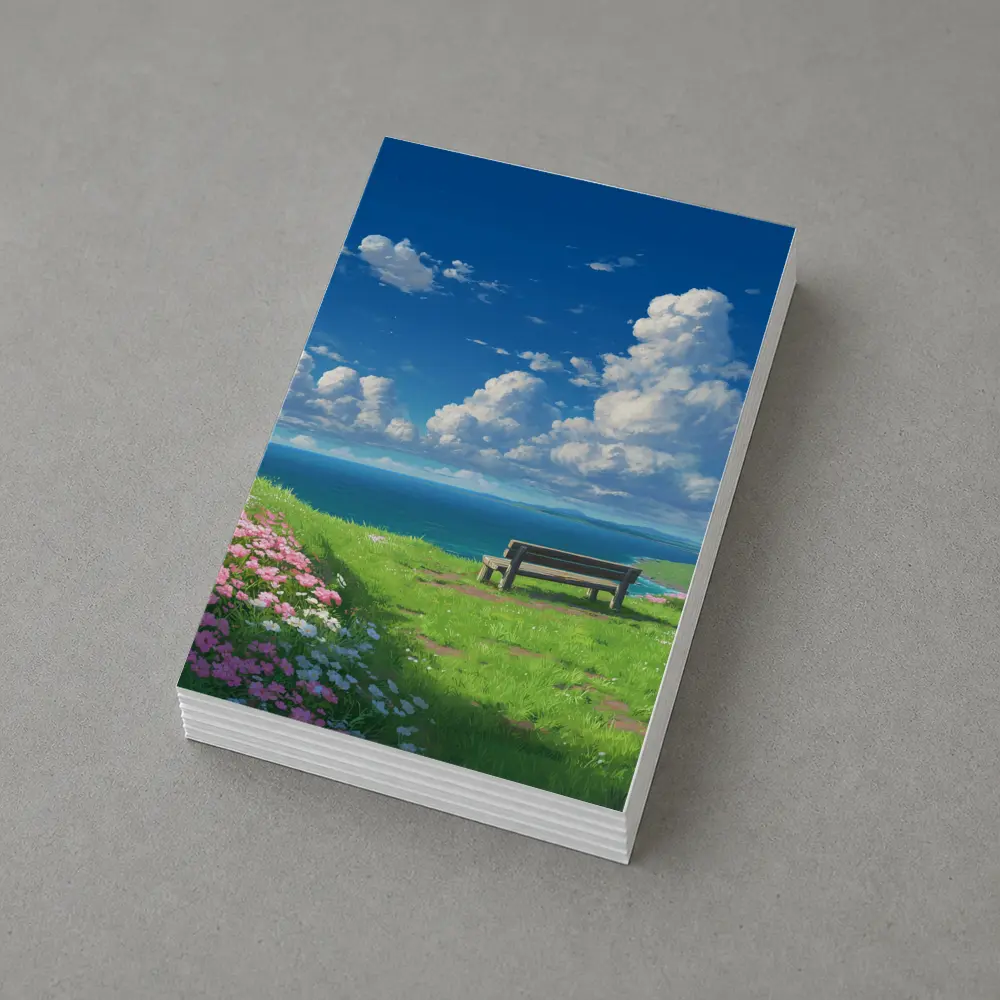 Anime Coastal Bench Scene Blue Sky – Postcards