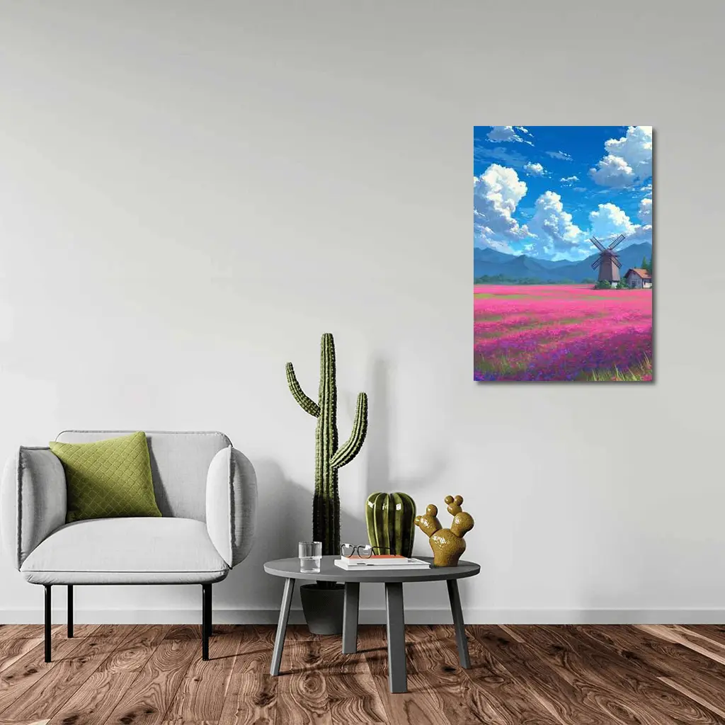 Anime Pink Flower Field Windmill Landscape – Wall Art