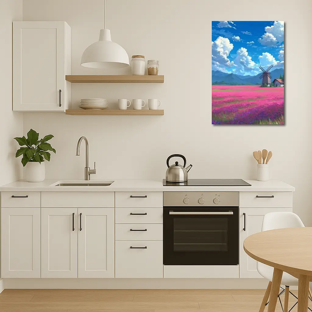 Anime Pink Flower Field Windmill Landscape – Wall Art