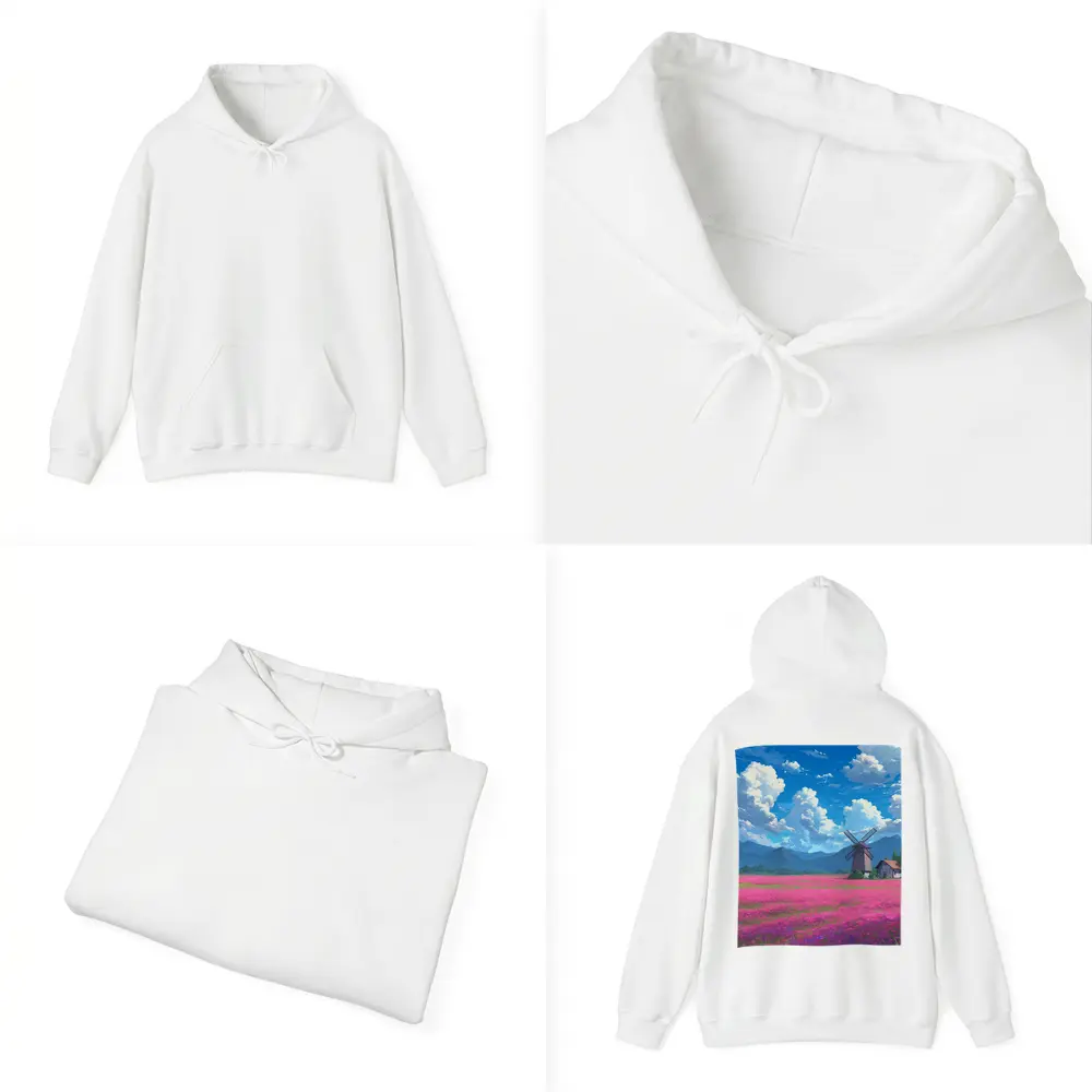 Anime Pink Flower Field Windmill Landscape – Hoodies