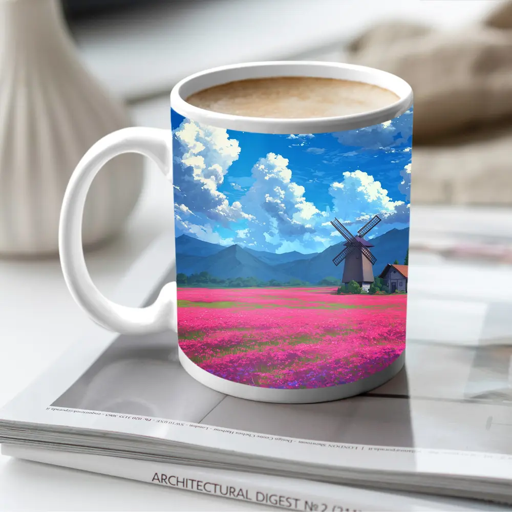 Anime Pink Flower Field Windmill Landscape – Mugs