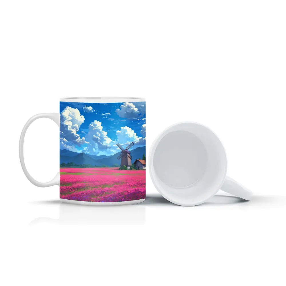 Anime Pink Flower Field Windmill Landscape – Mugs