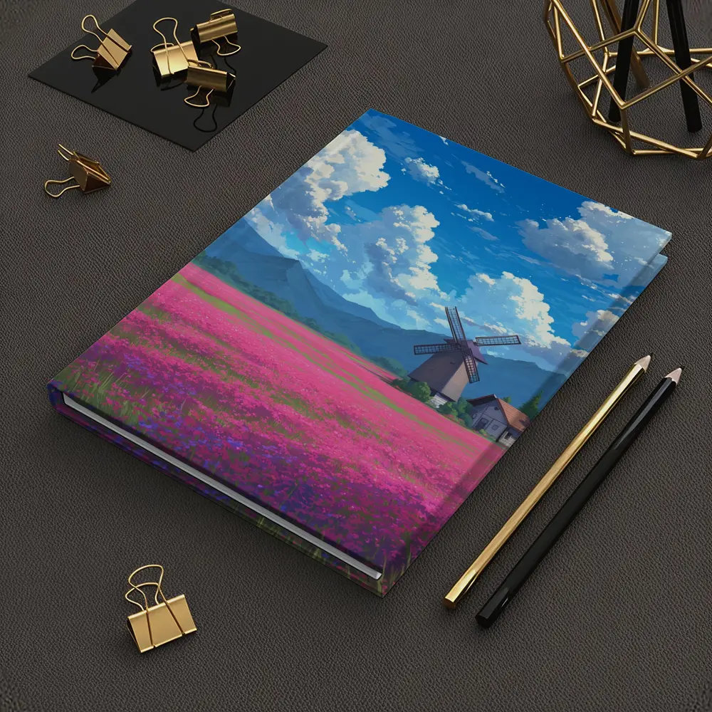 Anime Pink Flower Field Windmill Landscape – Notebooks