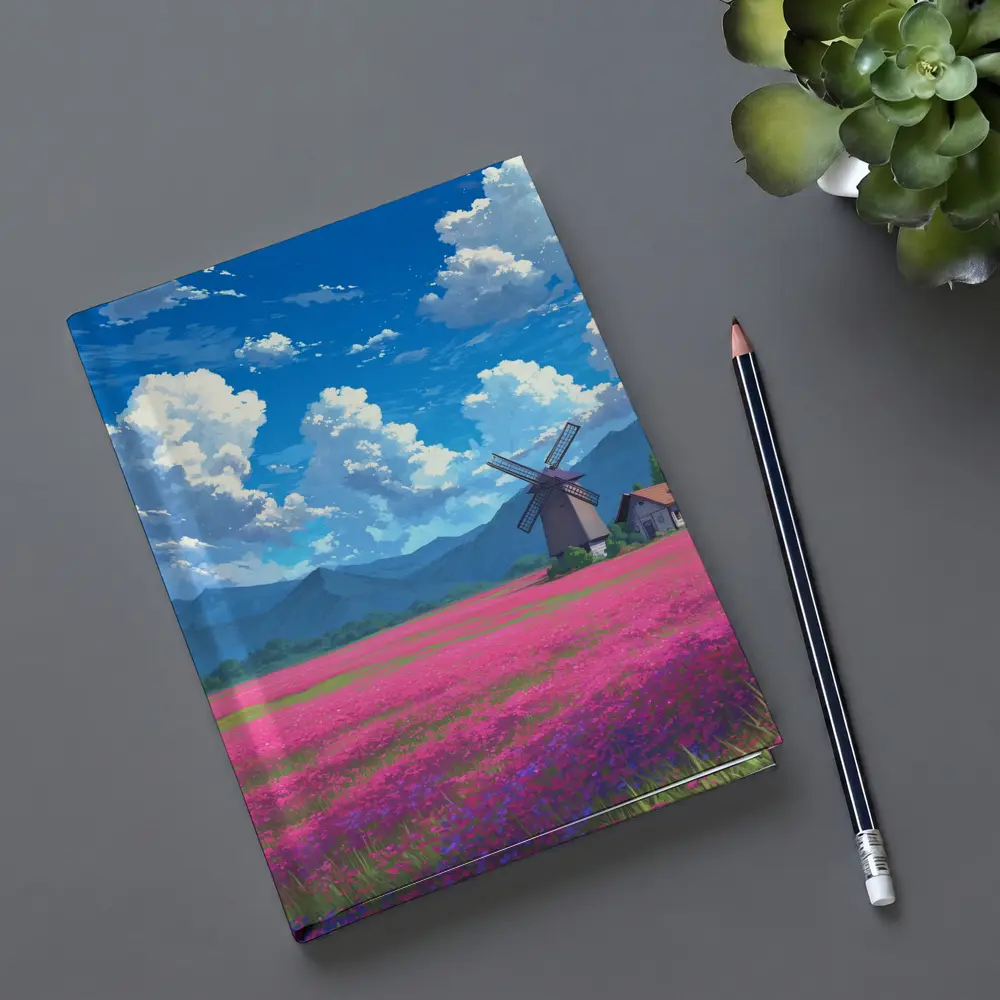 Anime Pink Flower Field Windmill Landscape – Notebooks