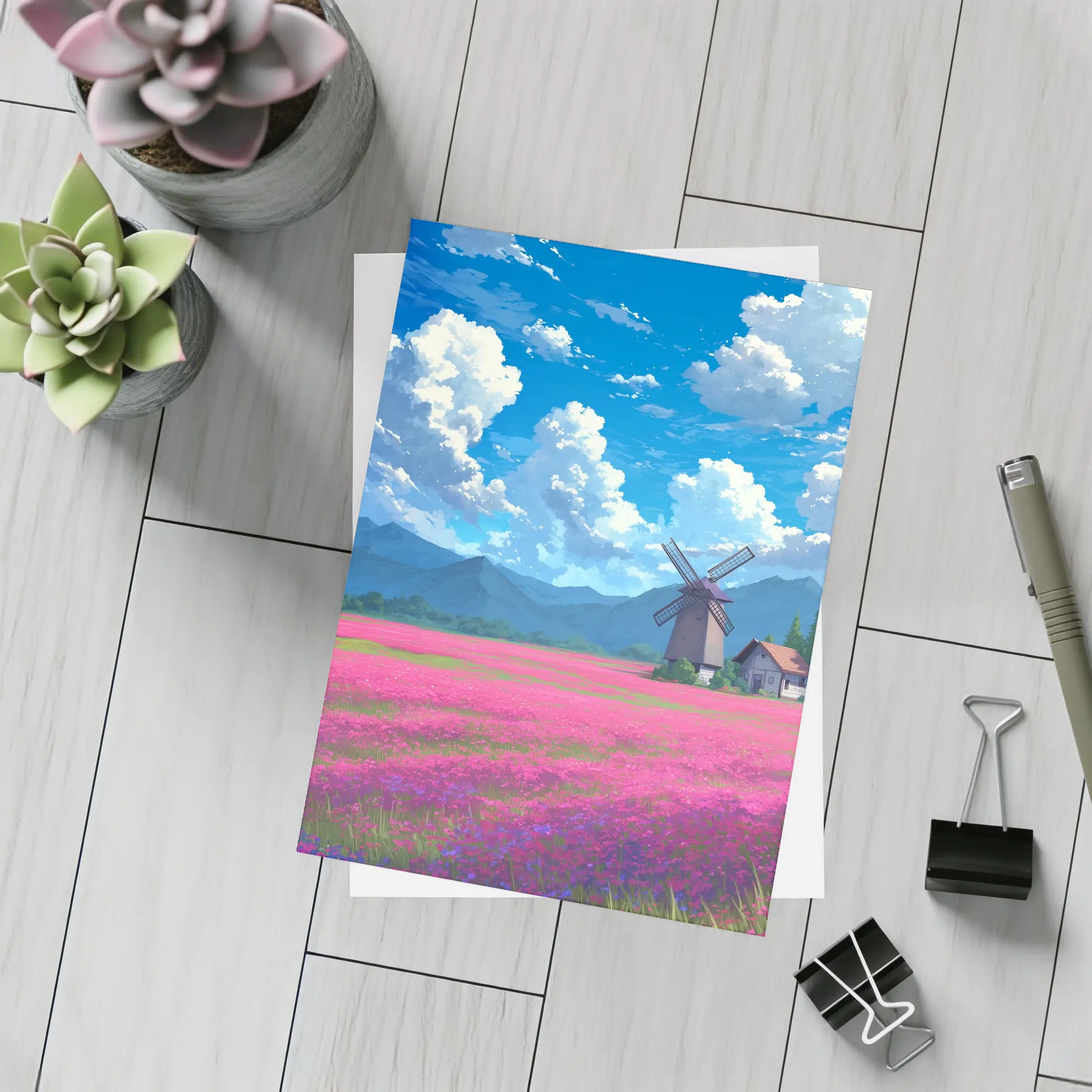 Anime Pink Flower Field Windmill Landscape – Postcards