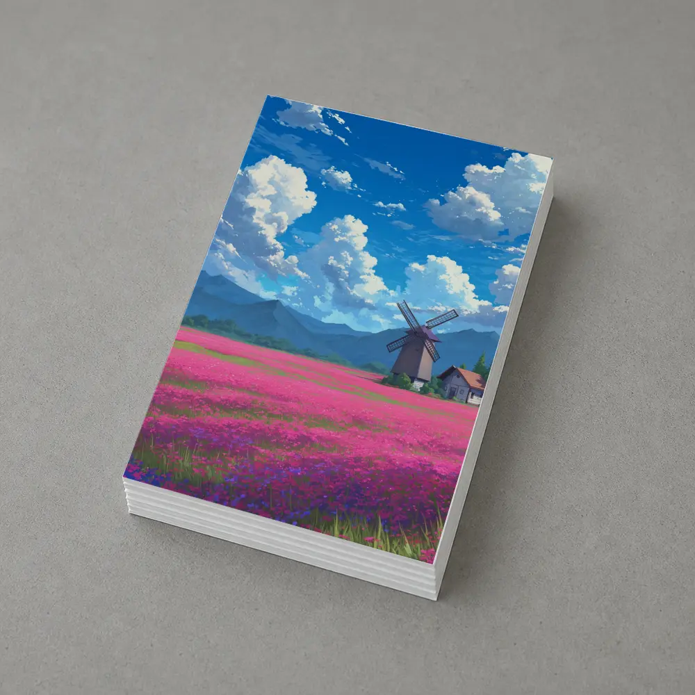 Anime Pink Flower Field Windmill Landscape – Postcards