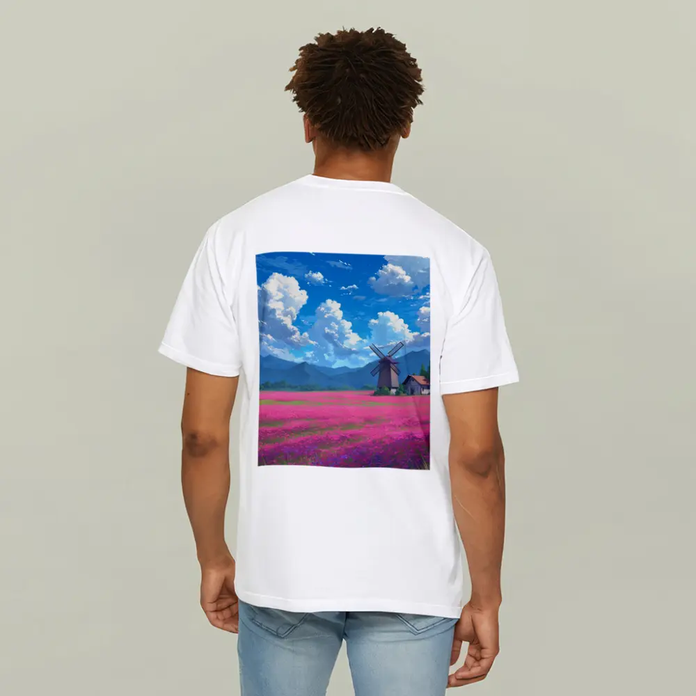 Anime Pink Flower Field Windmill Landscape – T-Shirts