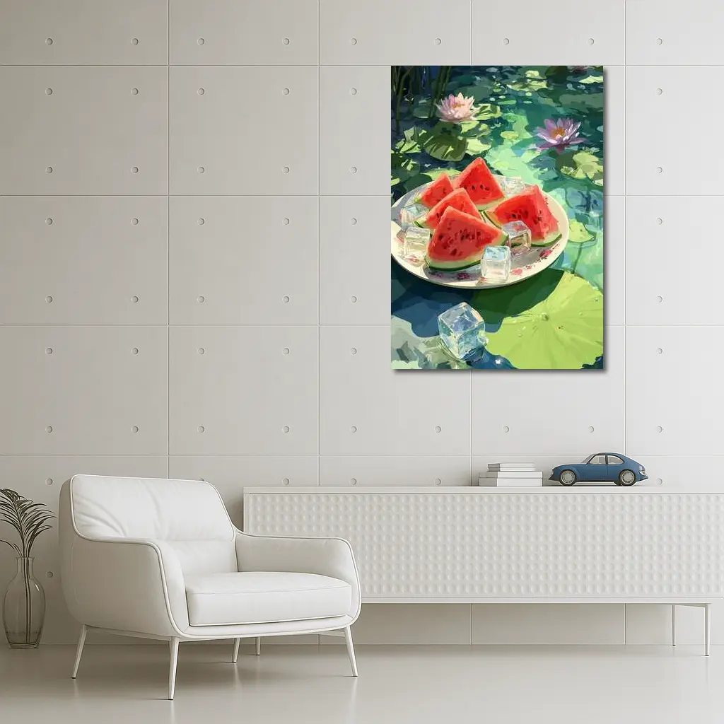 Watermelon Slices Ice Cubes Lotus Pond – Wall Art