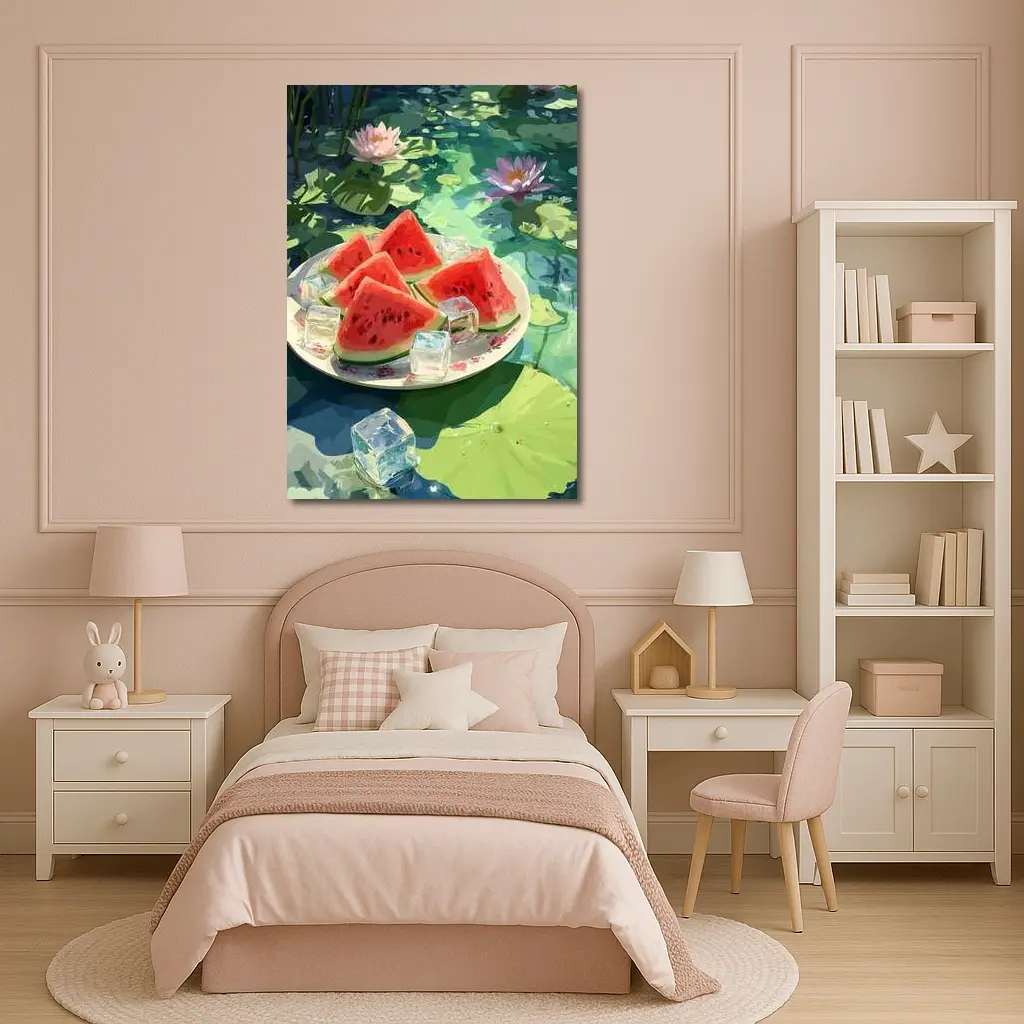 Watermelon Slices Ice Cubes Lotus Pond – Wall Art