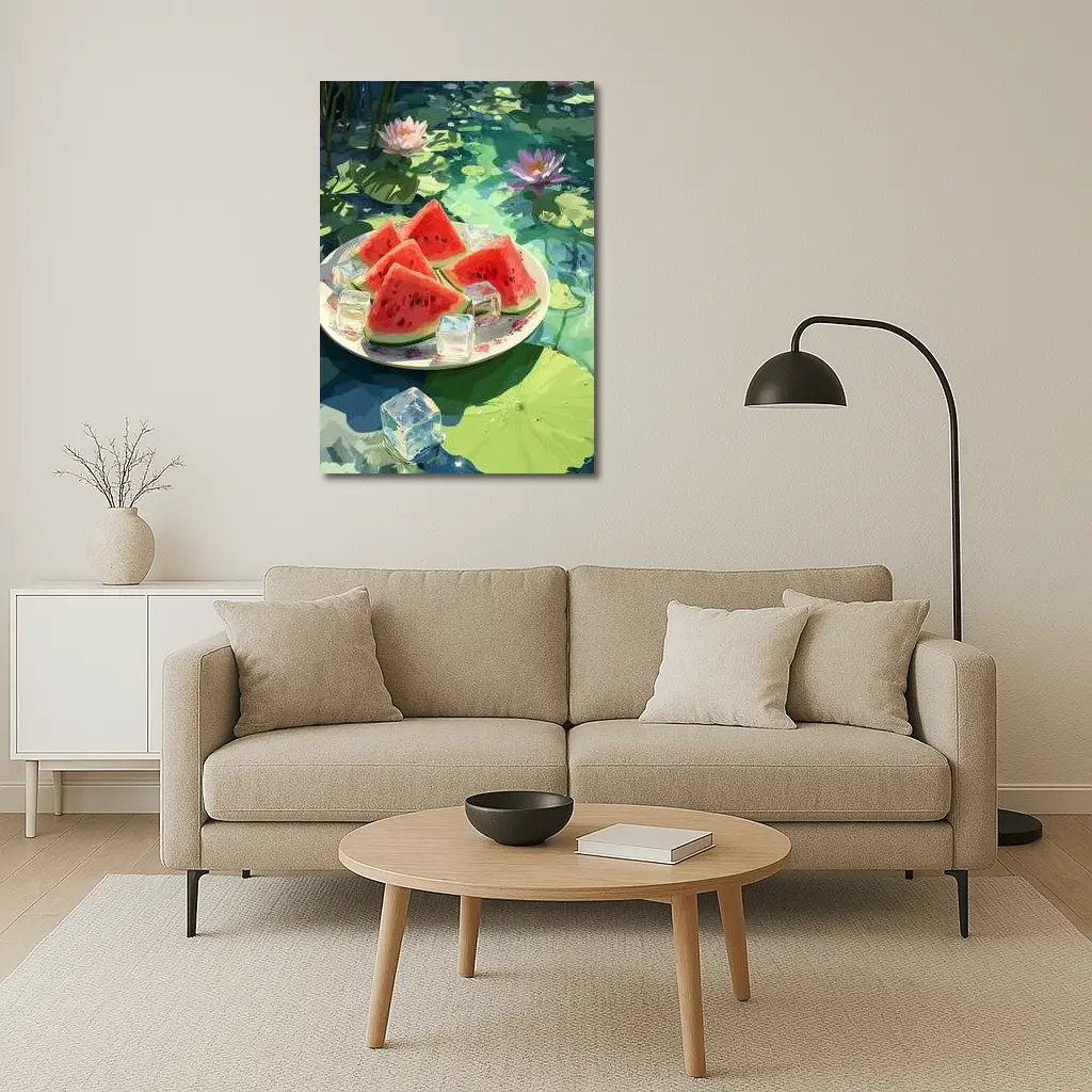 Watermelon Slices Ice Cubes Lotus Pond – Wall Art