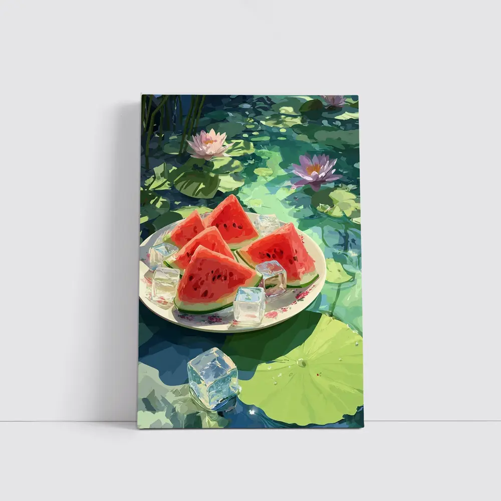 Watermelon Slices Ice Cubes Lotus Pond – Wall Art