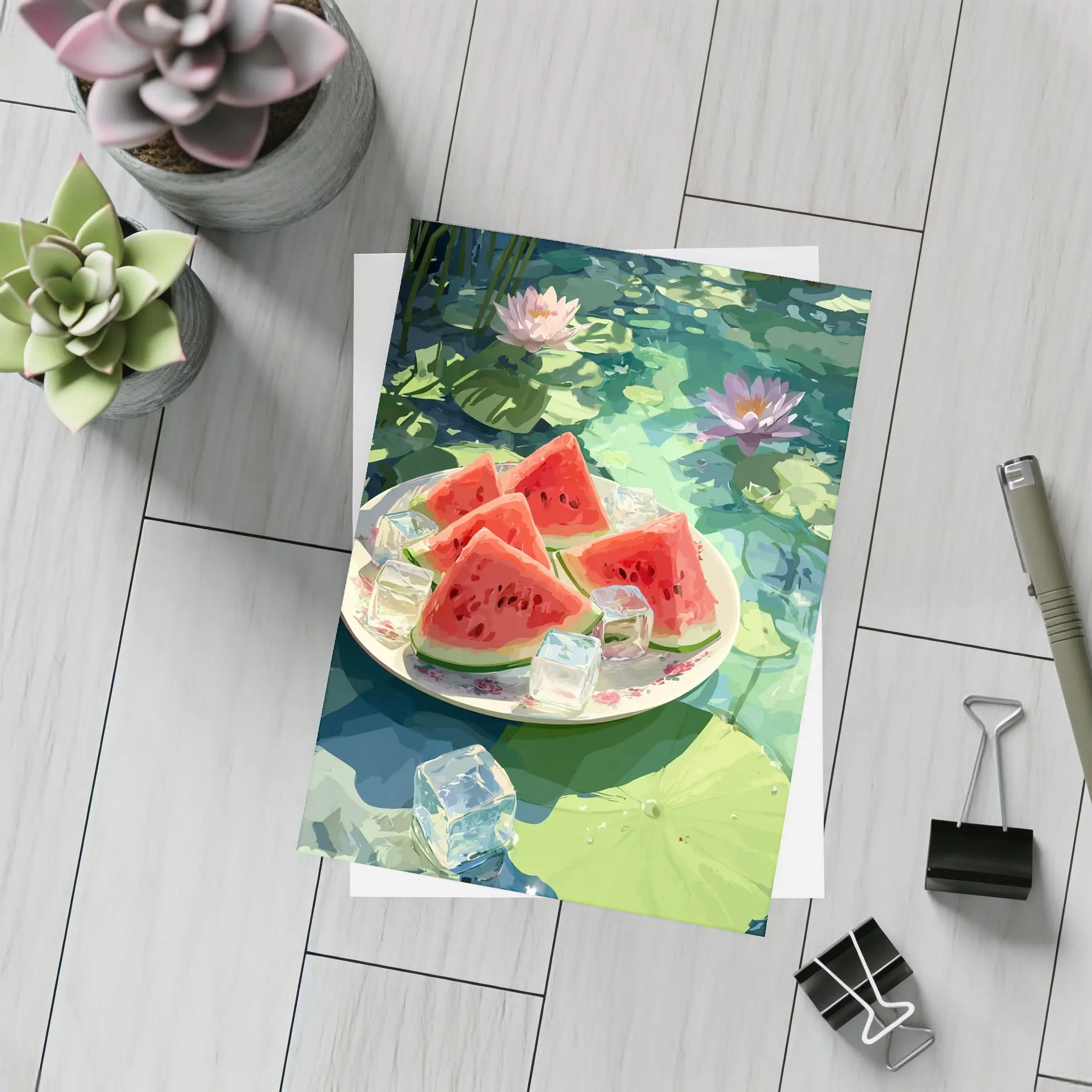 Watermelon Slices Ice Cubes Lotus Pond – Postcards
