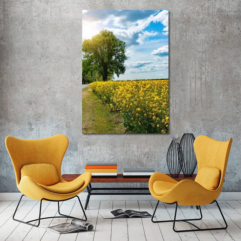 Yellow Rapeseed Field Road Large Tree – Wall Art