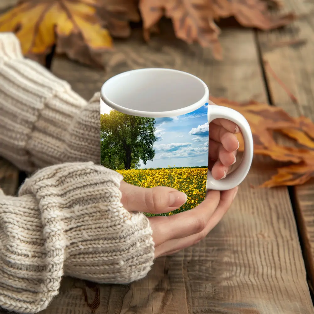 Yellow Rapeseed Field Road Large Tree – Mugs