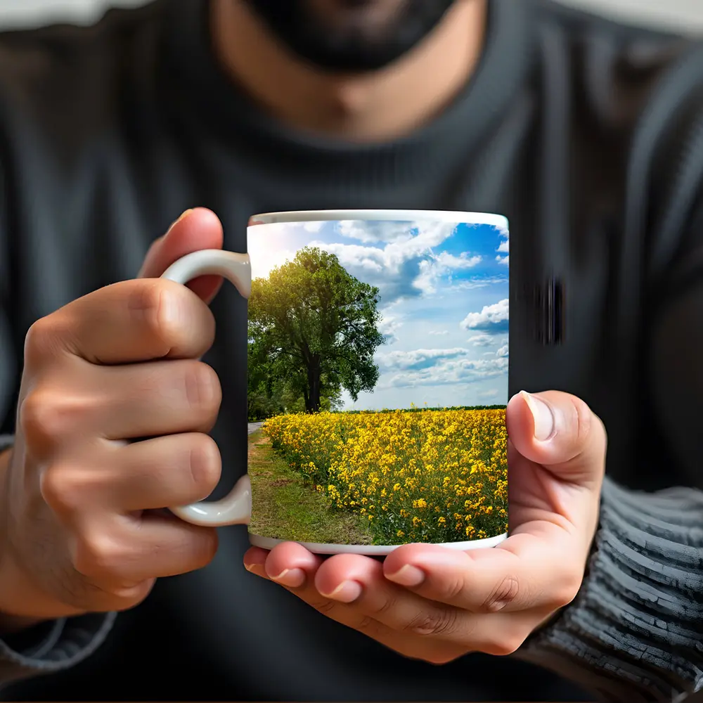 Yellow Rapeseed Field Road Large Tree – Mugs