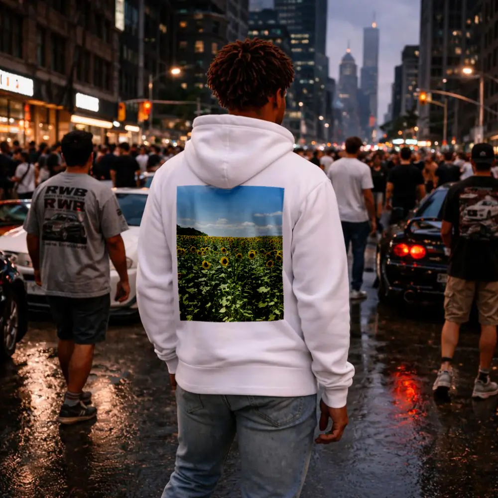 Sunflower Field Under Blue Summer Sky – Hoodies
