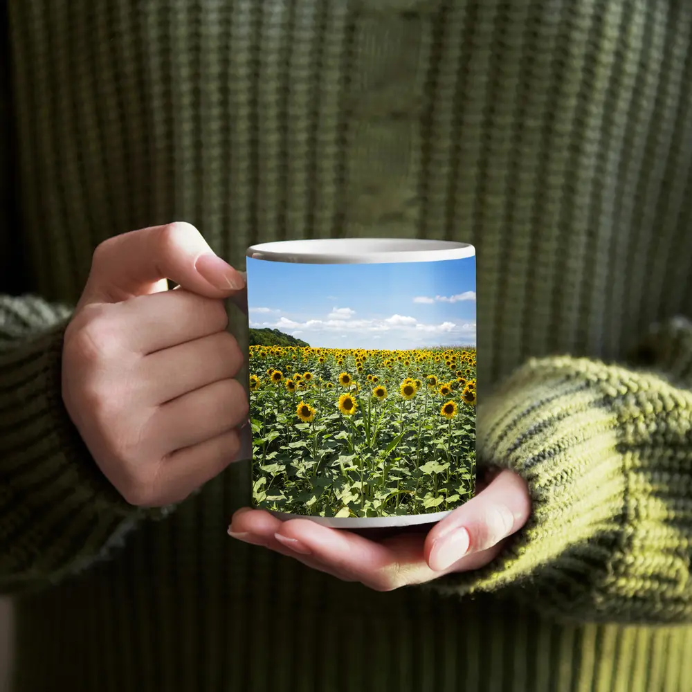 Sunflower Field Under Blue Summer Sky – Mugs