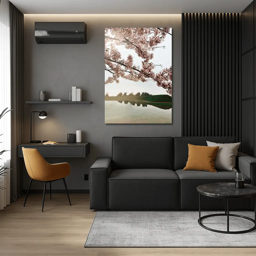 Cherry Blossoms Reflecting On Misty Lake – Wall Art