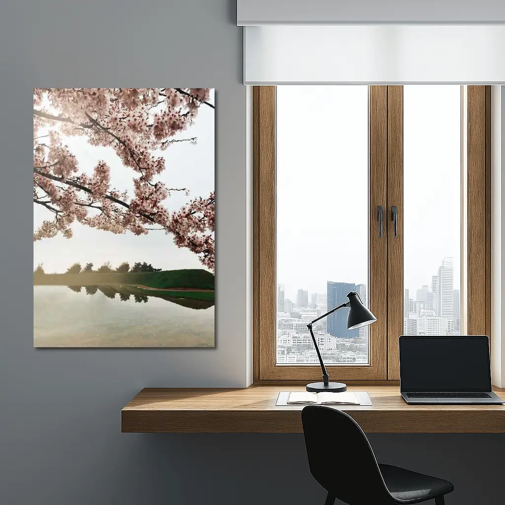 Cherry Blossoms Reflecting On Misty Lake – Wall Art