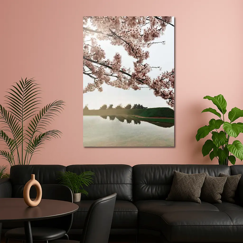 Cherry Blossoms Reflecting On Misty Lake – Wall Art