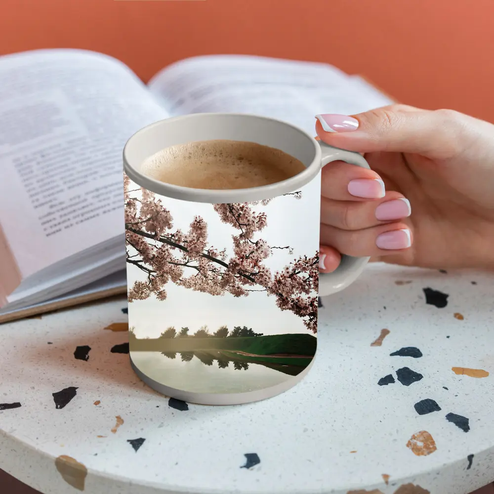 Cherry Blossoms Reflecting On Misty Lake – Mugs