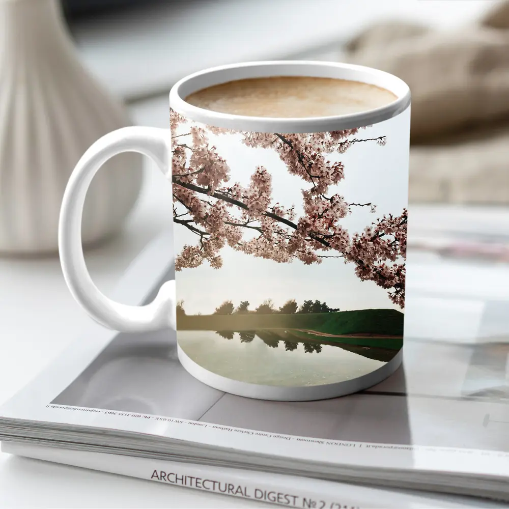 Cherry Blossoms Reflecting On Misty Lake – Mugs
