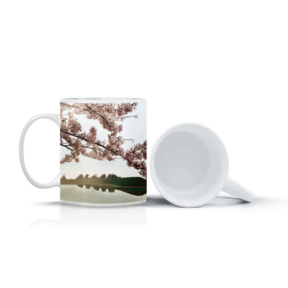Cherry Blossoms Reflecting On Misty Lake – Mugs
