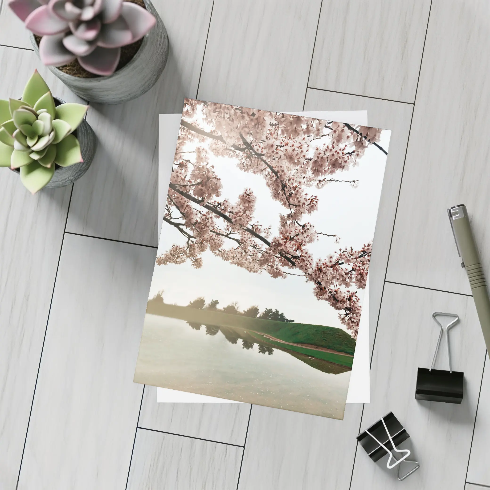 Cherry Blossoms Reflecting On Misty Lake – Postcards