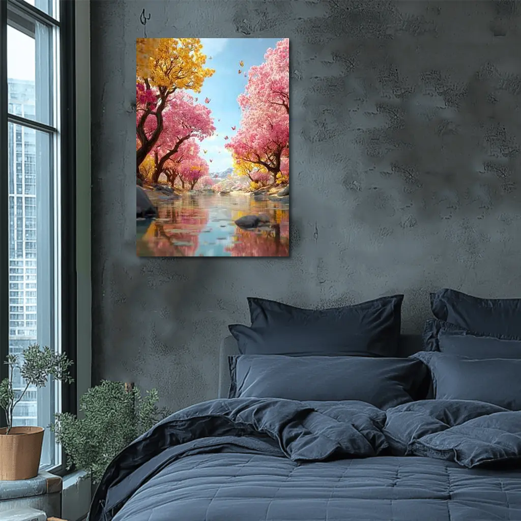 Pink Yellow Blossom Trees River Butterfly Scene – Wall Art