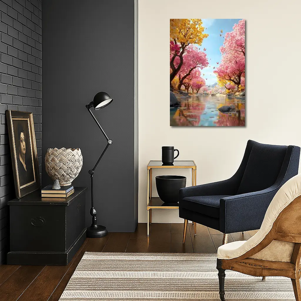 Pink Yellow Blossom Trees River Butterfly Scene – Wall Art
