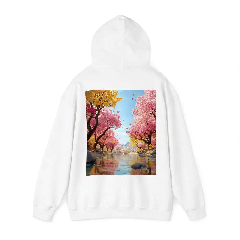 Pink Yellow Blossom Trees River Butterfly Scene – Hoodies