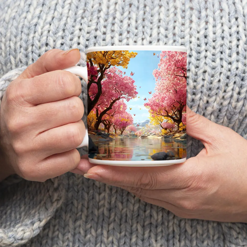 Pink Yellow Blossom Trees River Butterfly Scene – Mugs