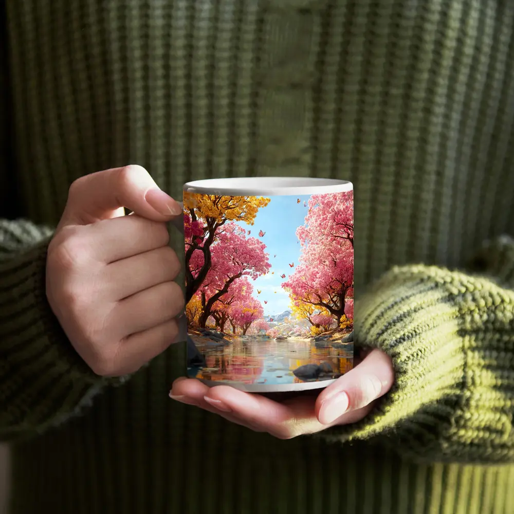 Pink Yellow Blossom Trees River Butterfly Scene – Mugs