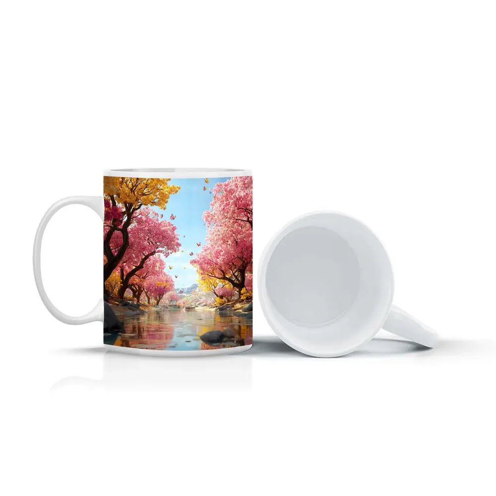 Pink Yellow Blossom Trees River Butterfly Scene – Mugs