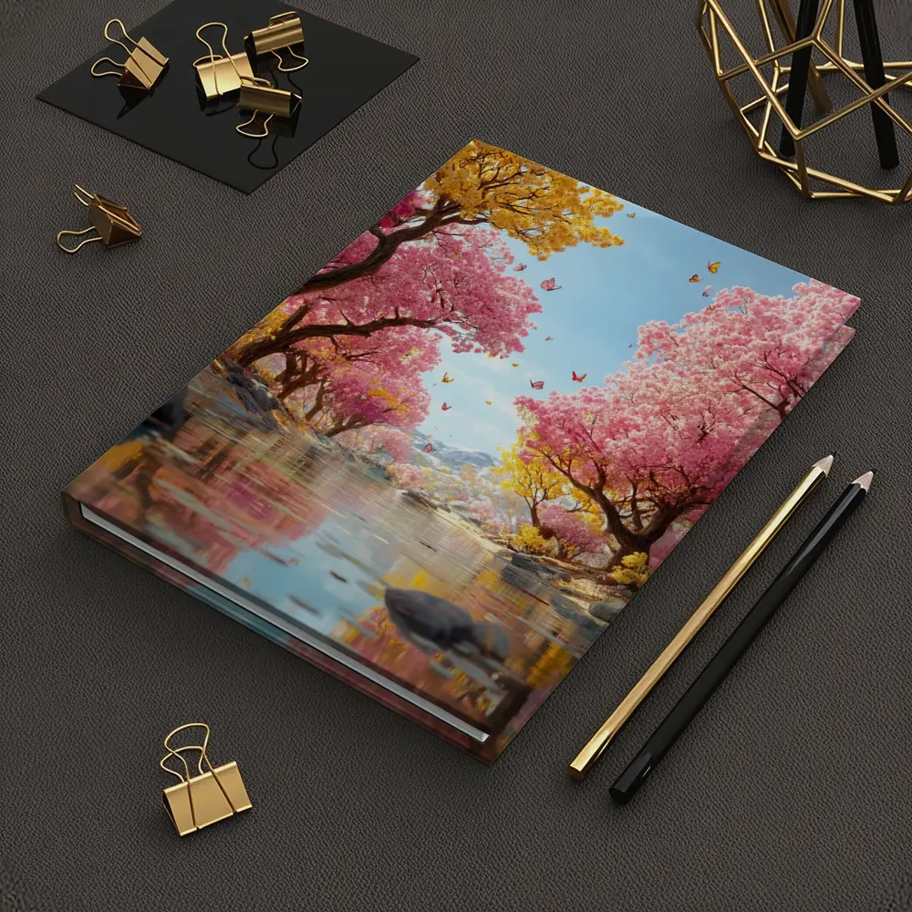 Pink Yellow Blossom Trees River Butterfly Scene – Notebooks