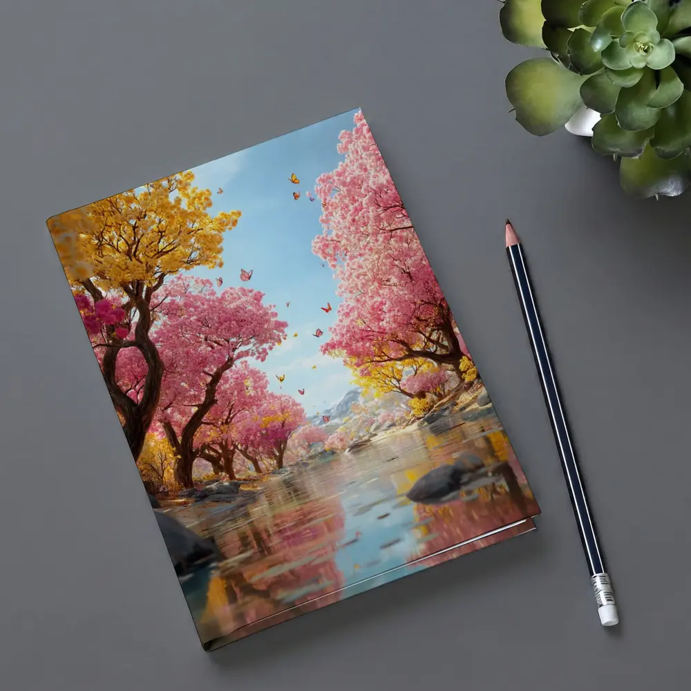 Pink Yellow Blossom Trees River Butterfly Scene – Notebooks