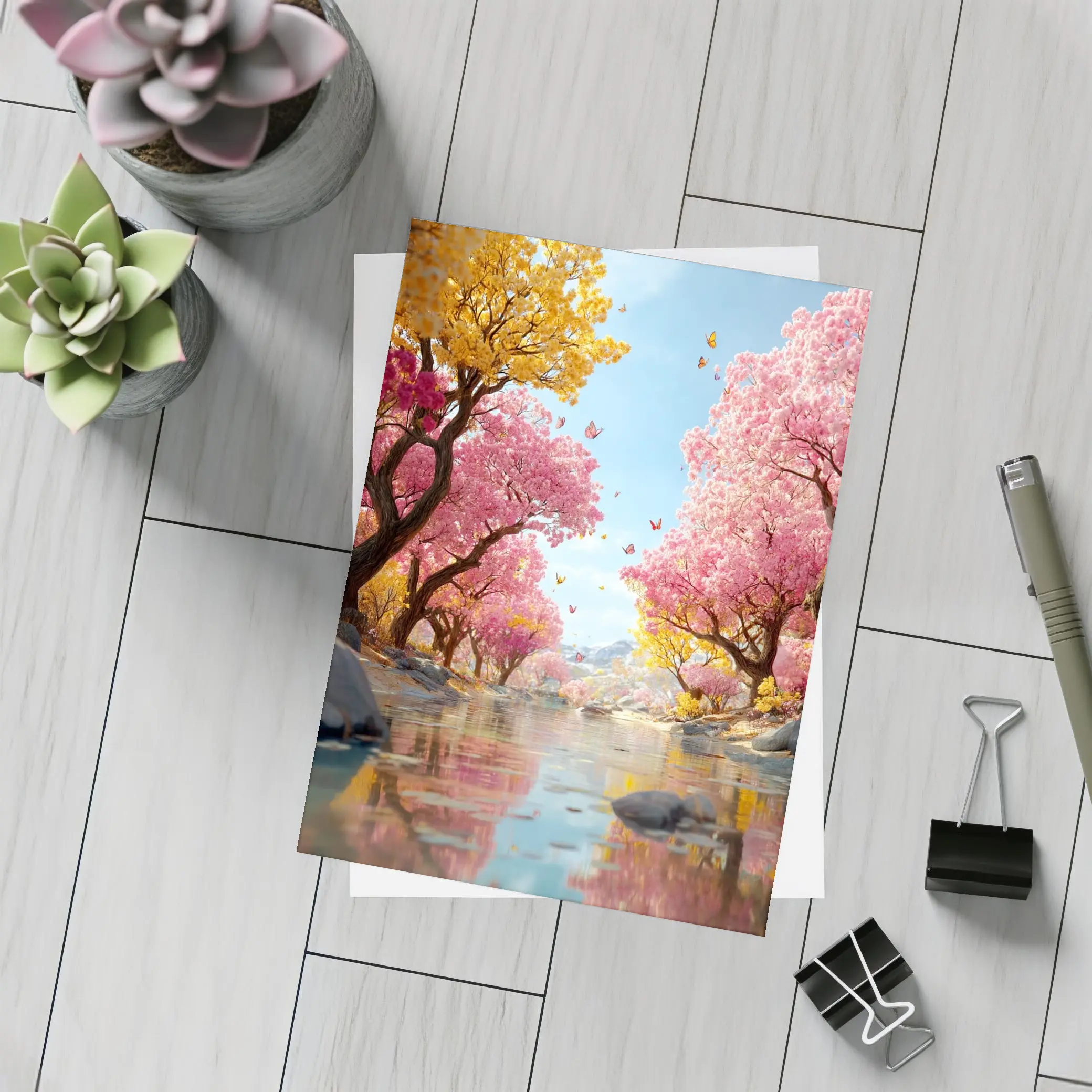 Pink Yellow Blossom Trees River Butterfly Scene – Postcards