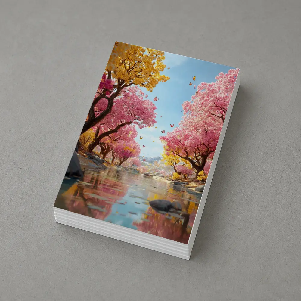 Pink Yellow Blossom Trees River Butterfly Scene – Postcards