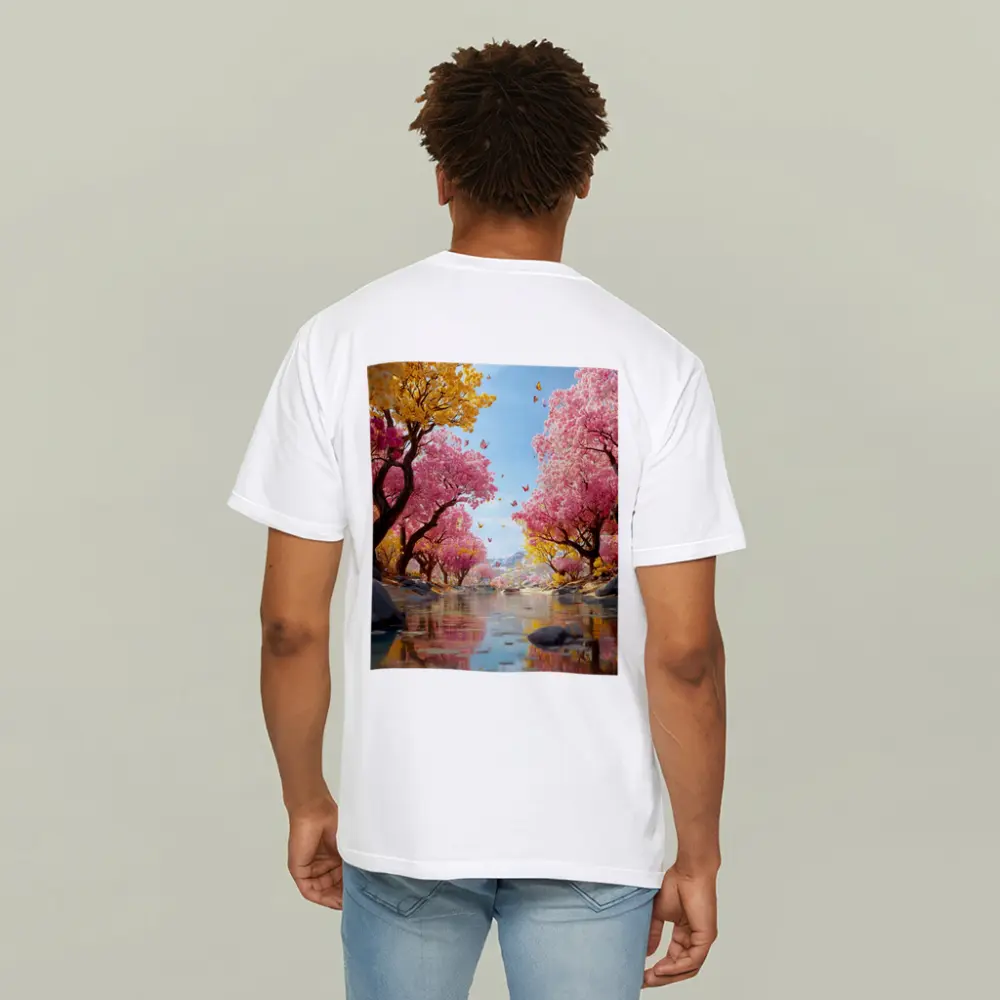 Pink Yellow Blossom Trees River Butterfly Scene – T-Shirts