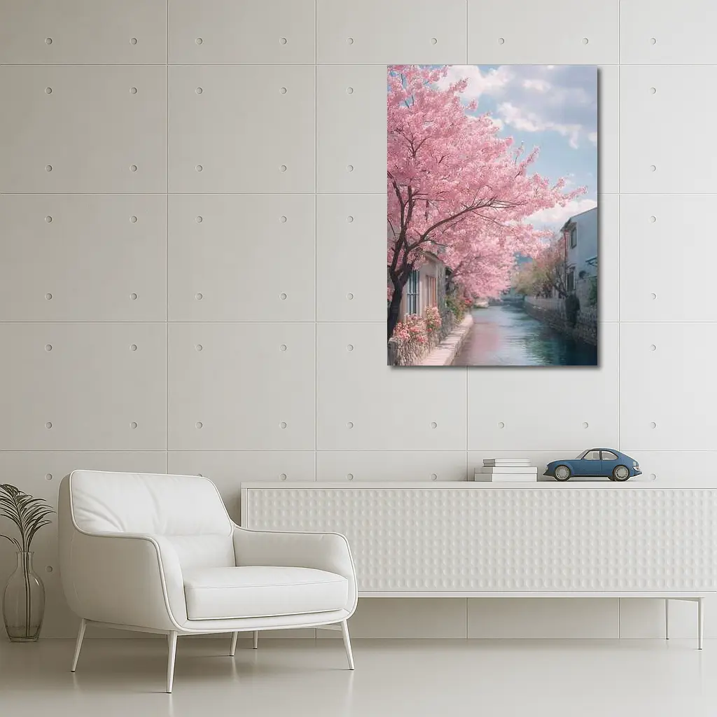 Cherry Blossoms Along Peaceful Japanese Canal – Wall Art