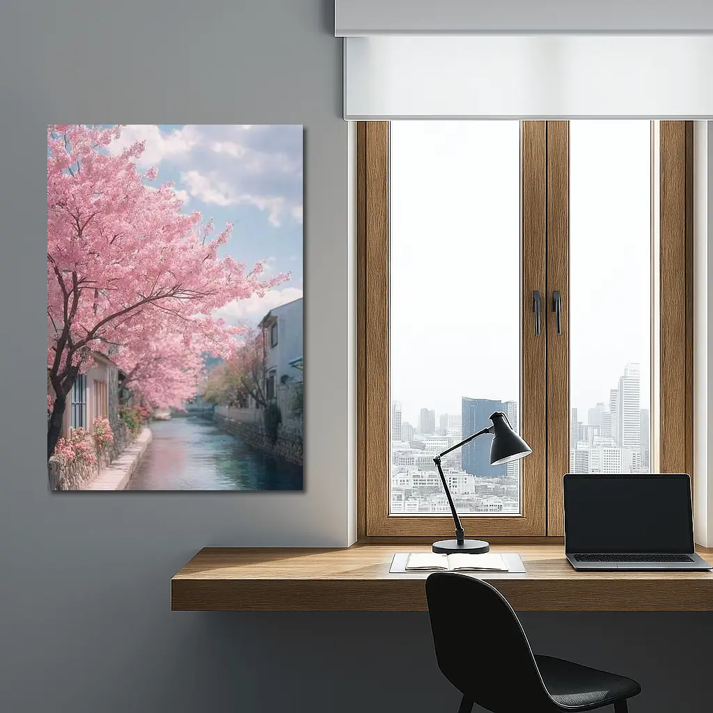 Cherry Blossoms Along Peaceful Japanese Canal – Wall Art