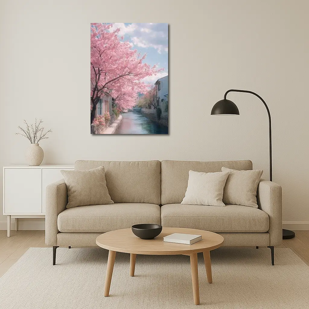 Cherry Blossoms Along Peaceful Japanese Canal – Wall Art