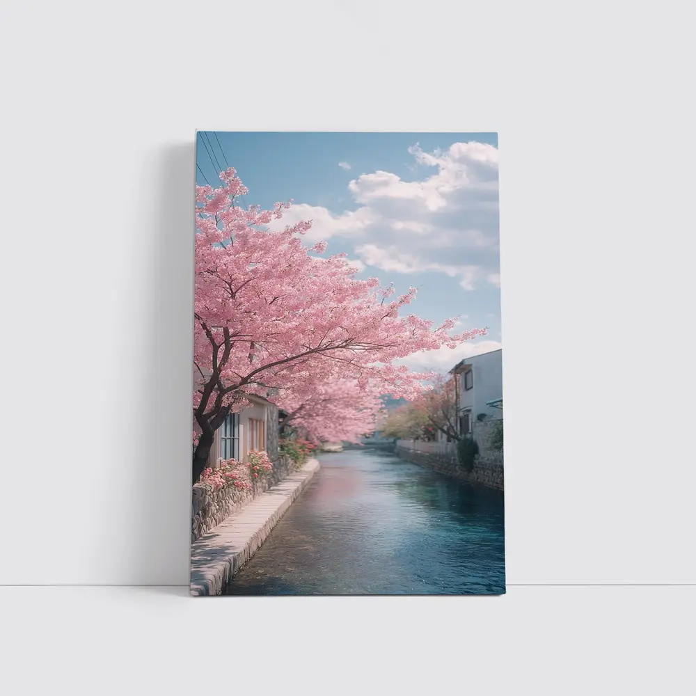 Cherry Blossoms Along Peaceful Japanese Canal – Wall Art