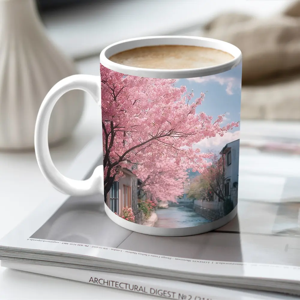 Cherry Blossoms Along Peaceful Japanese Canal – Mugs