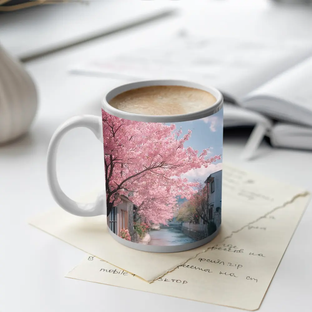 Cherry Blossoms Along Peaceful Japanese Canal – Mugs