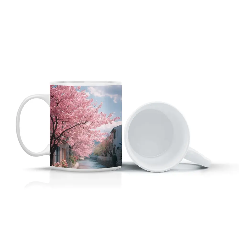 Cherry Blossoms Along Peaceful Japanese Canal – Mugs