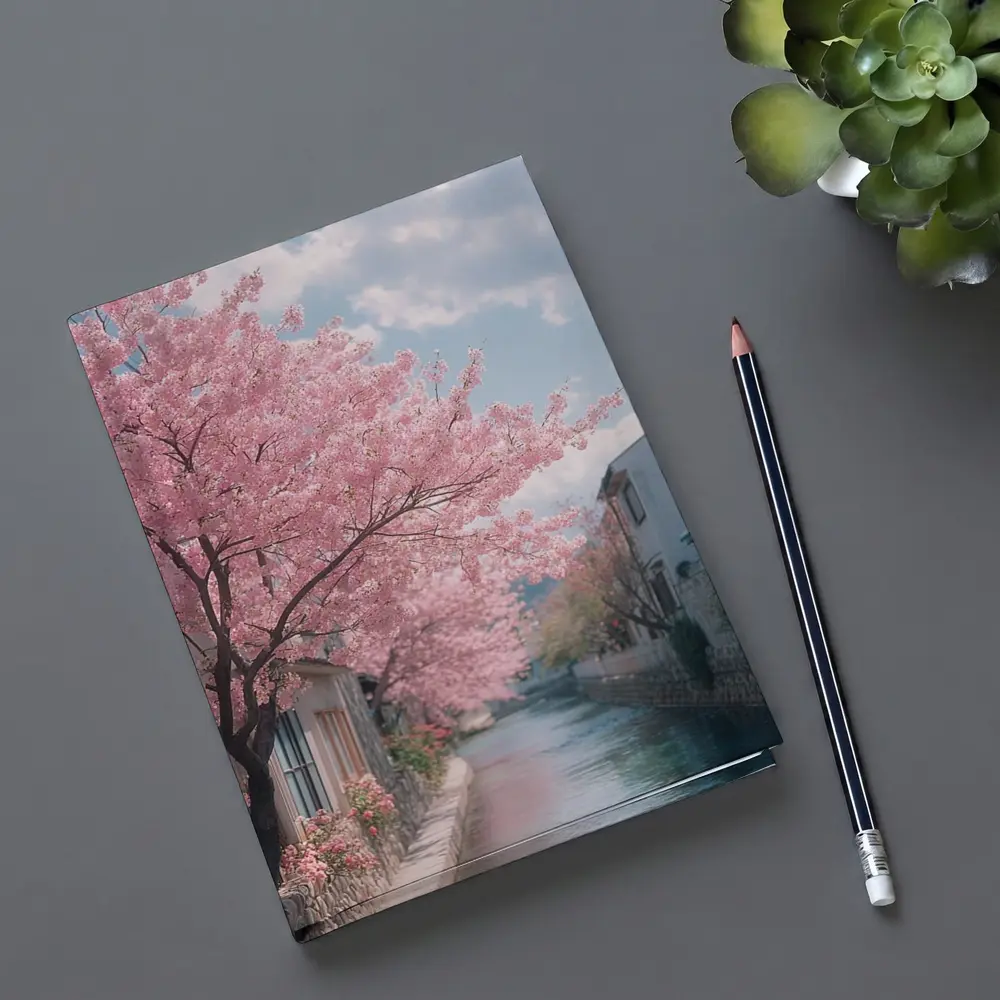 Cherry Blossoms Along Peaceful Japanese Canal – Notebooks