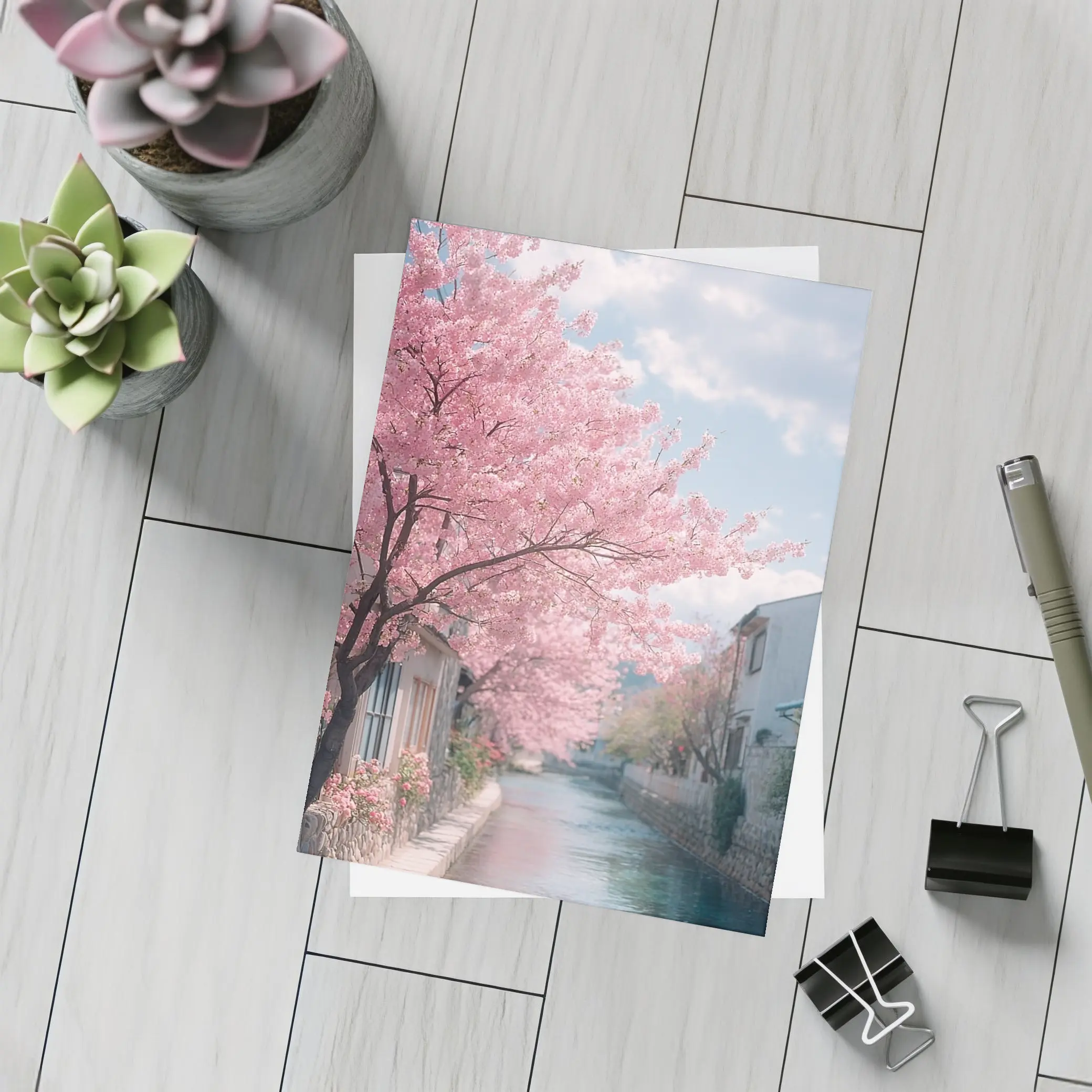 Cherry Blossoms Along Peaceful Japanese Canal – Postcards